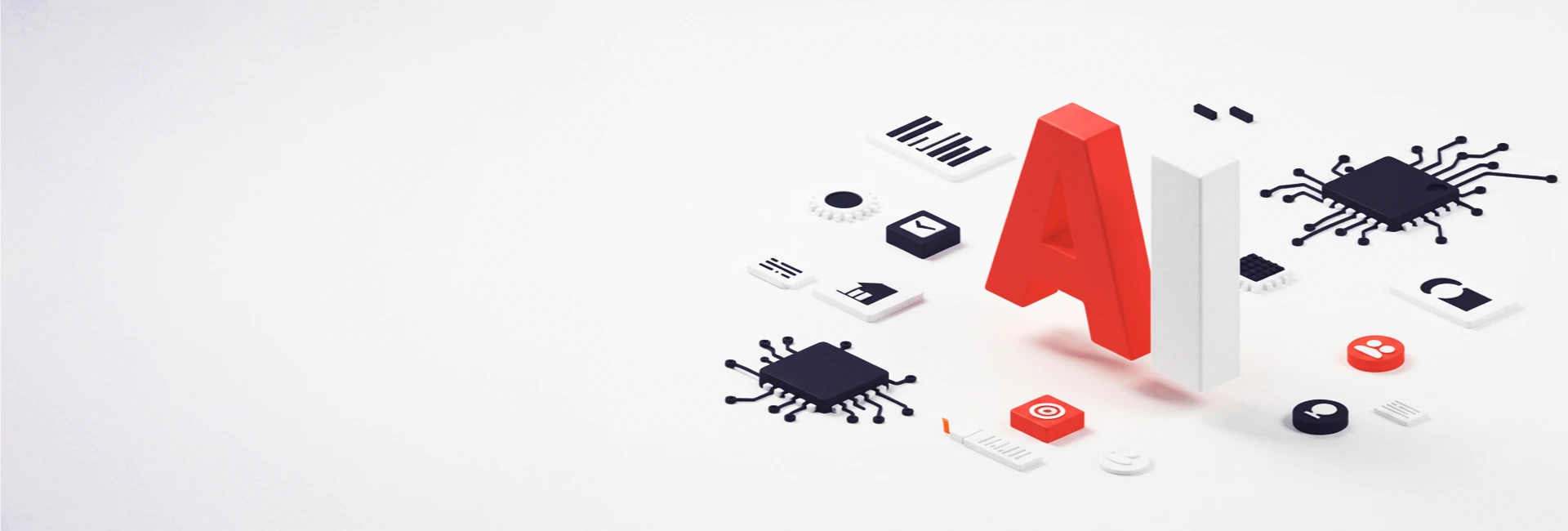 Ilustração de inteligência artificial com ícones de cérebro, gráfico, chip, lâmpada e dados interconectados