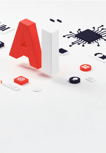 Ilustração de inteligência artificial com ícones de cérebro, gráfico, chip, lâmpada e dados interconectados